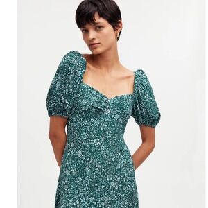 Madewell‎ Puff-Sleeve Sweetheart Midi Dress Floral 10 Green Milkmaid Cottagecore
